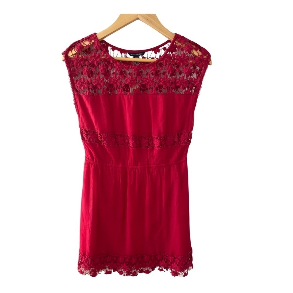 American Eagle Fuchsia PinkA-Line Elastic Waist Crochet Detail Dress NWT Size XS